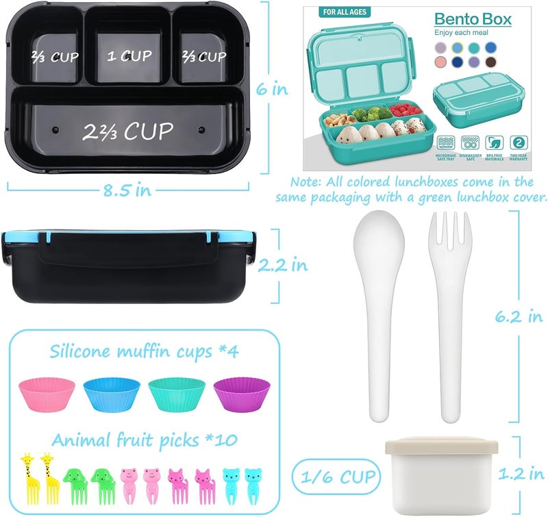 QQKO Bento Box for Kids Adults, School Toddler Lunch Box for Boys Girls, Lunch Box Containers with 4 Compartments, Sauce Container, Utensils, Food Picks and Muffin Cups for School, Black Blue - Image 2